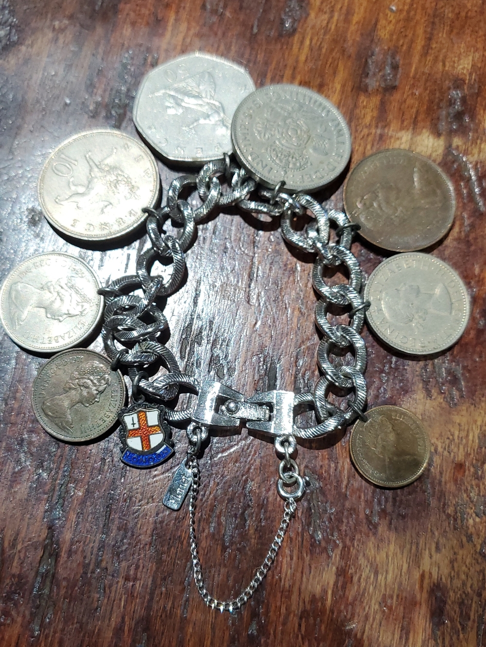 Vintage Monet Link Bracelet, Silver Blue Red Enamel London Shield Charm 8 Coins